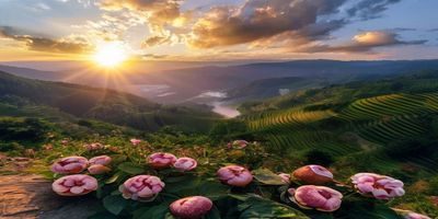 蜜桃视频旅行vlog垂类，创作者在云南梯田拍摄日出，金色光芒洒满山野，画面震撼壮观